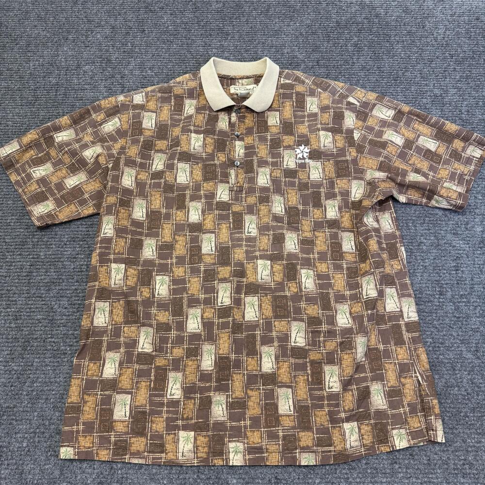 Tori Richard Polo Shirt Mens XL Brown Palm Print Poipu Bay Hawaiian Cotton Golf